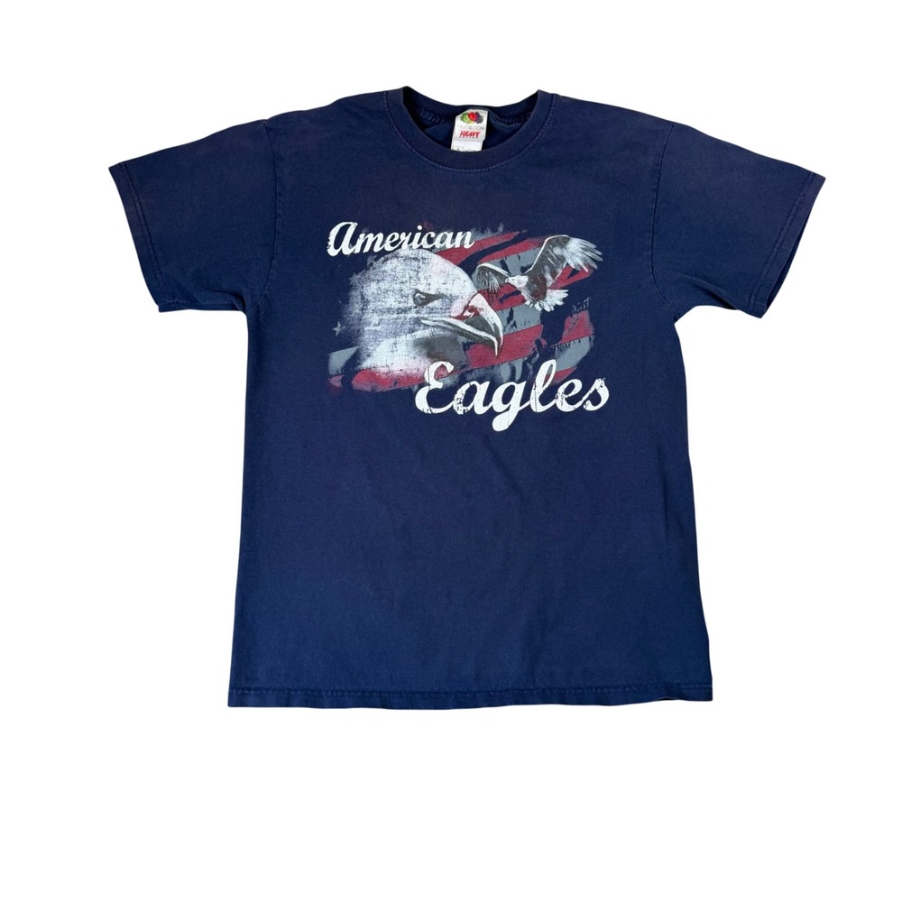 Vintage Fruit of the Loom American Eagles Graphic T-Shirt Navy Blue Mens Medium